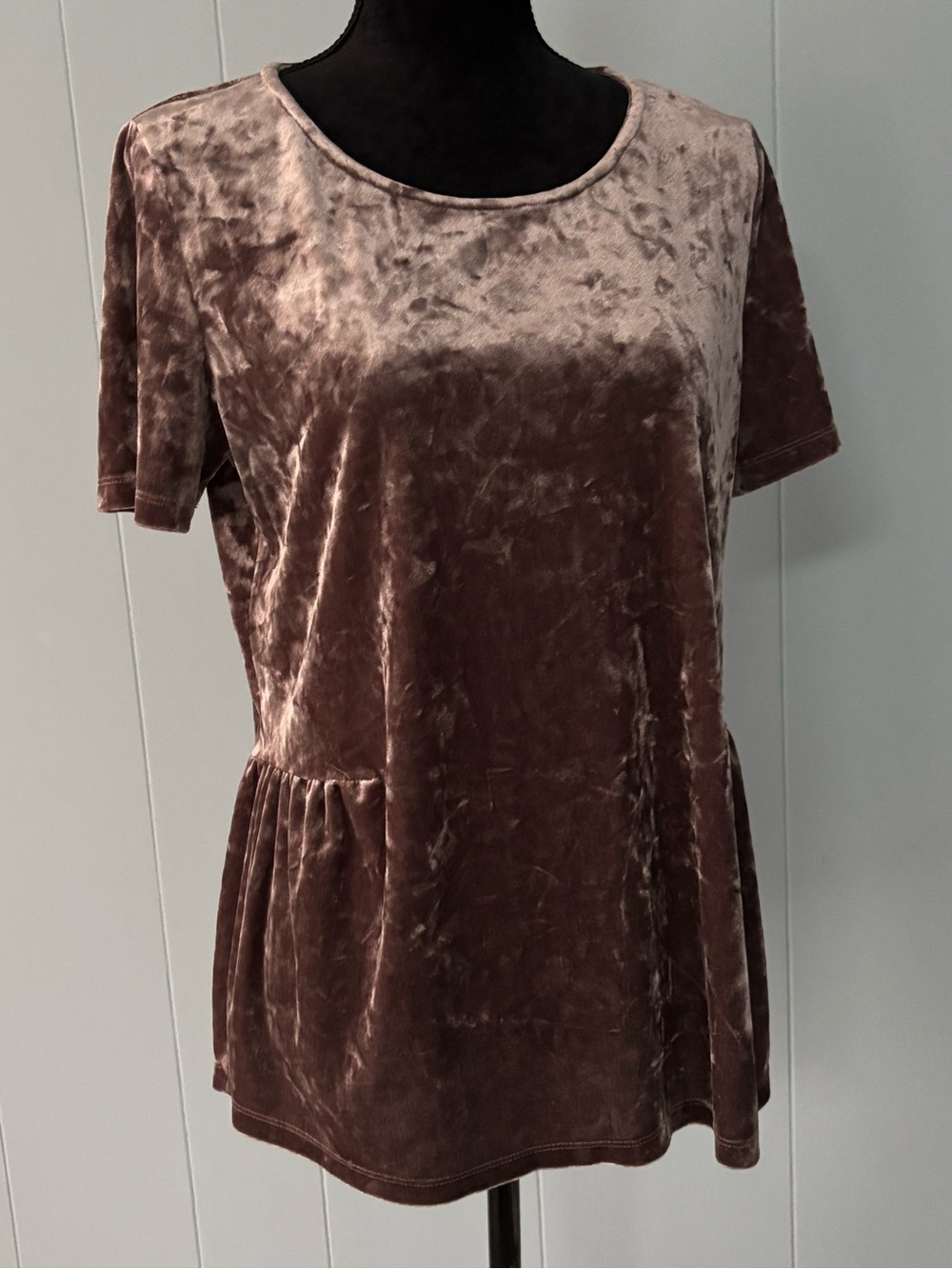 Pleione by Anthropologie Crushed Brown Velvet Peplum Top with Back Tie Sz Large